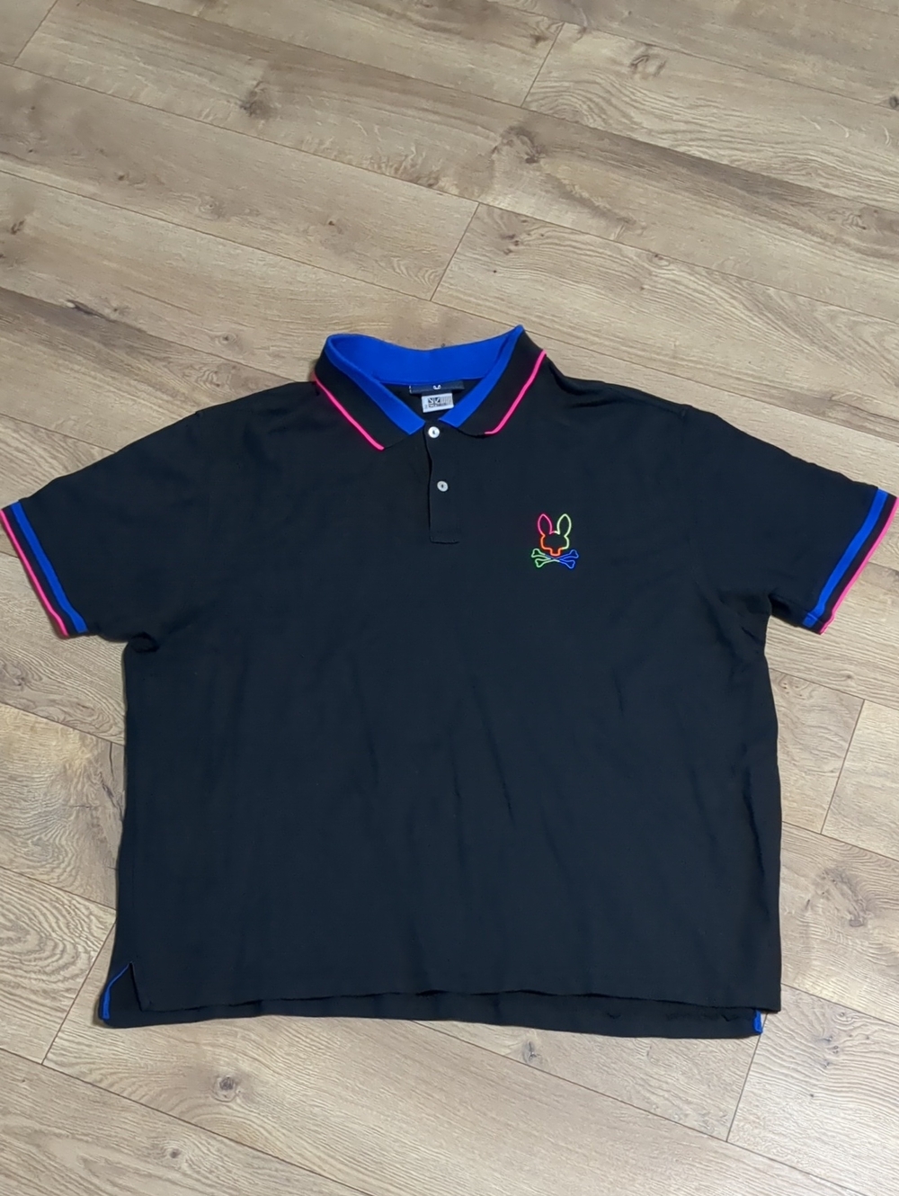 Psycho Bunny Mens 2 XL Black Neon Logo Polo Shirt Multi Color Embroidered Casual - Picture 3 of 12